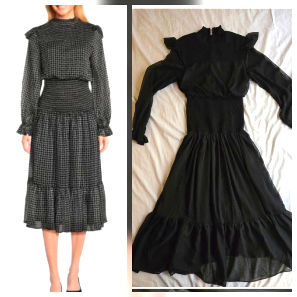 Area Stars Charlotte Long Sleeve Smocked Chiffon Waist Black Midi Dress